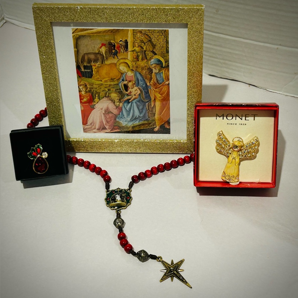4-item Christmas Catholic Rosary, boxed angel brooches, framed Nativity art Lot
